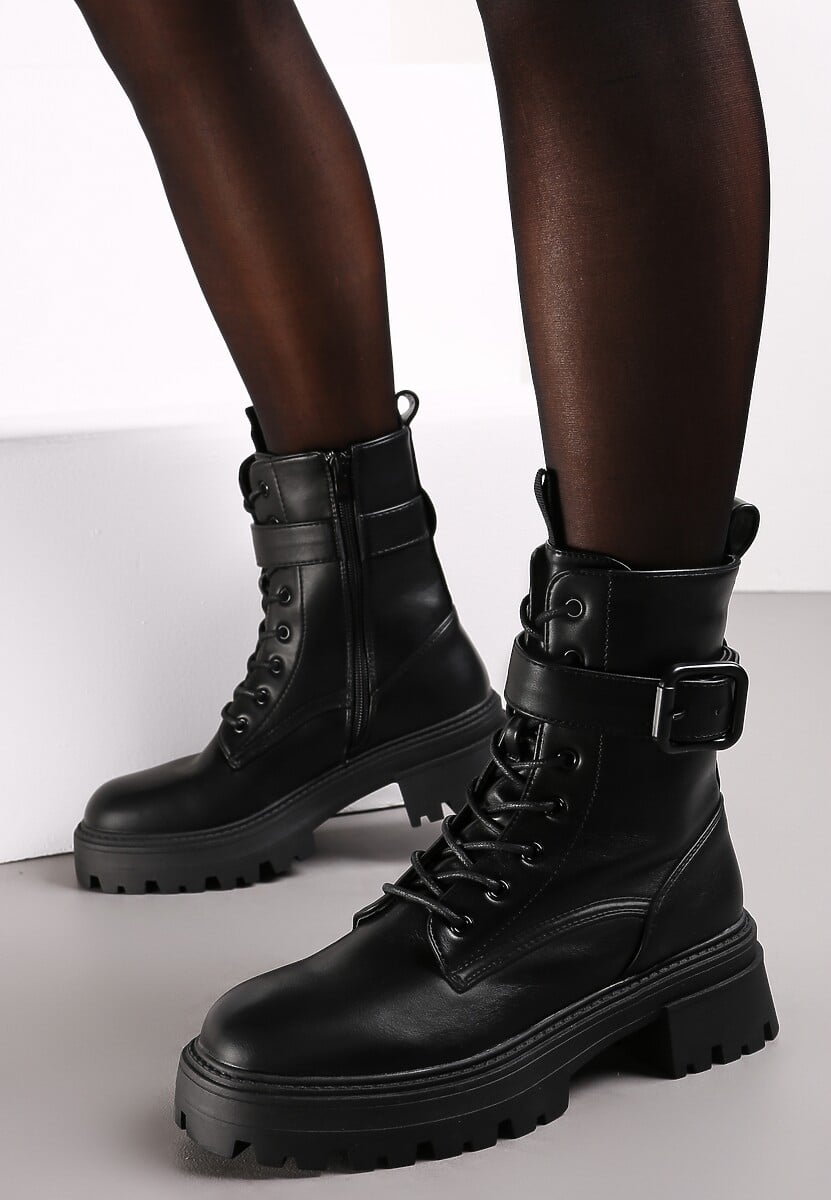 Czarne Botki Workery z Paskiem Wokół Cholewki Galitrisa