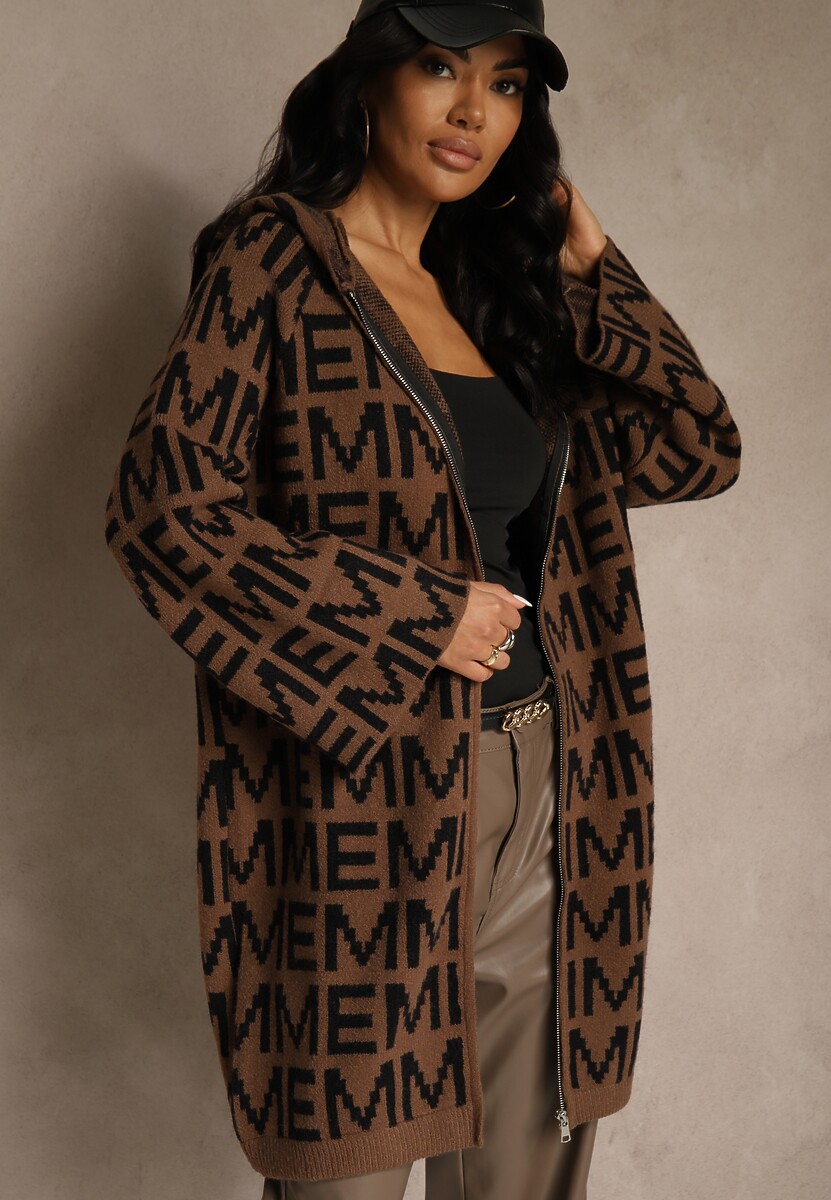 Brązowo-Czarny Kardigan na Suwak z Kapturem w Literowy Wzór Calitusa