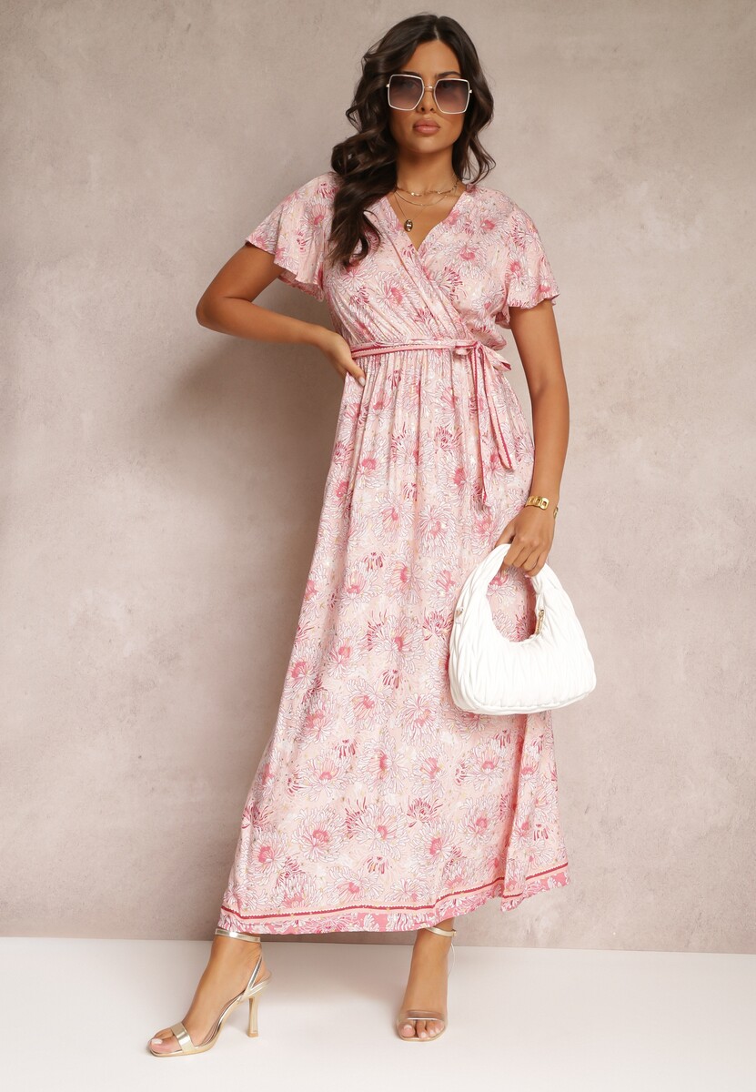 Jasnoróżowa Wiskozowa Sukienka z Metalicznym Wzorem i Gumką w Pasie Carinalia