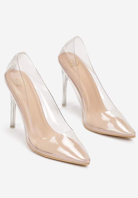 Beżowe Szpilki na Metalicznym Obcasie z Transparentną Cholewką Rhatah
