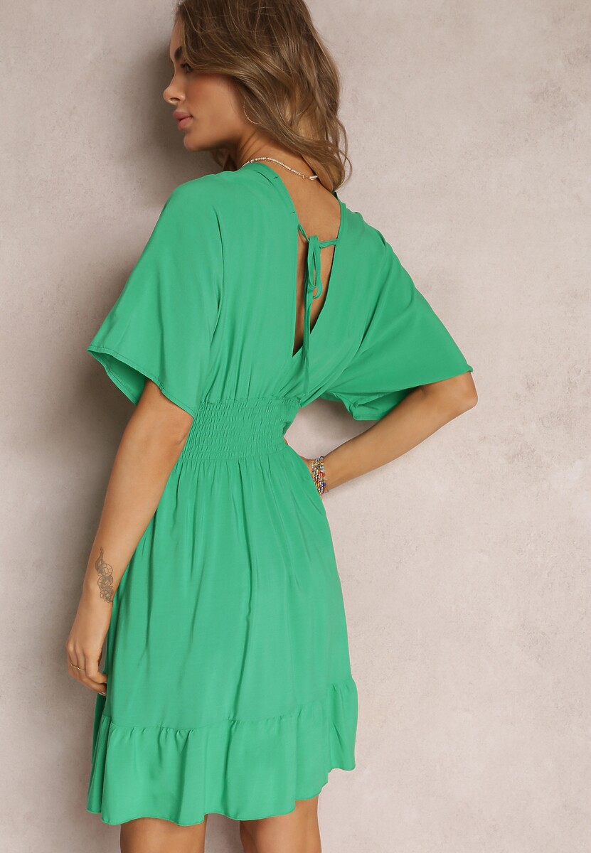 Zielona Gładka Sukienka z Gumką i Wiązaniem w Pasie z Wiskozy Lessisa