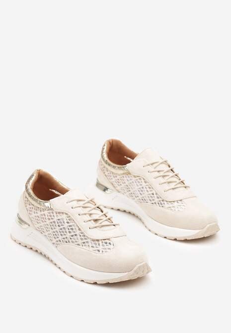 Beżowe Ażurowe Sneakersy na Podeszwie z Metaliczną Wstawką Neomira