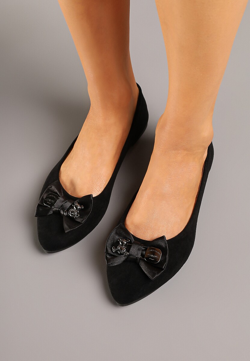 Czarne Balerinki z Wkładką ze Skóry Naturalnej Ozdobione Kokardą Galunea