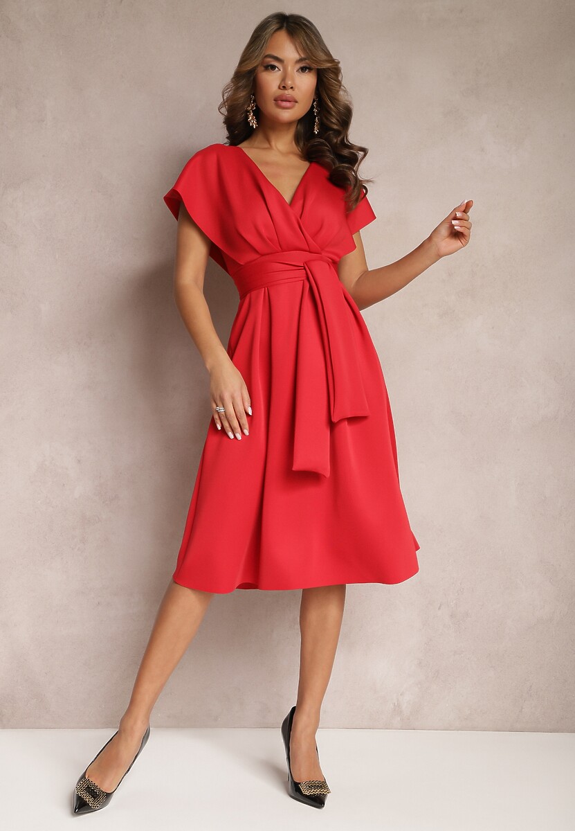 Zielona Sukienka Midi z Kopertowym Dekoltem o Rozkloszowanym Fasonie Tenero