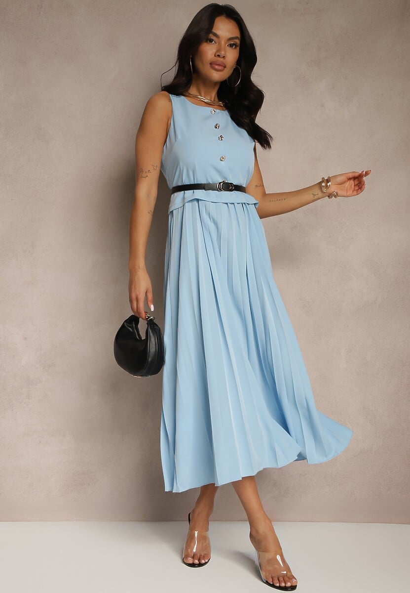 Ciemnobeżowa Plisowana Sukienka o Rozkloszowanym Kroju Bez Rękawów z Paskiem z Klamrą Iffule