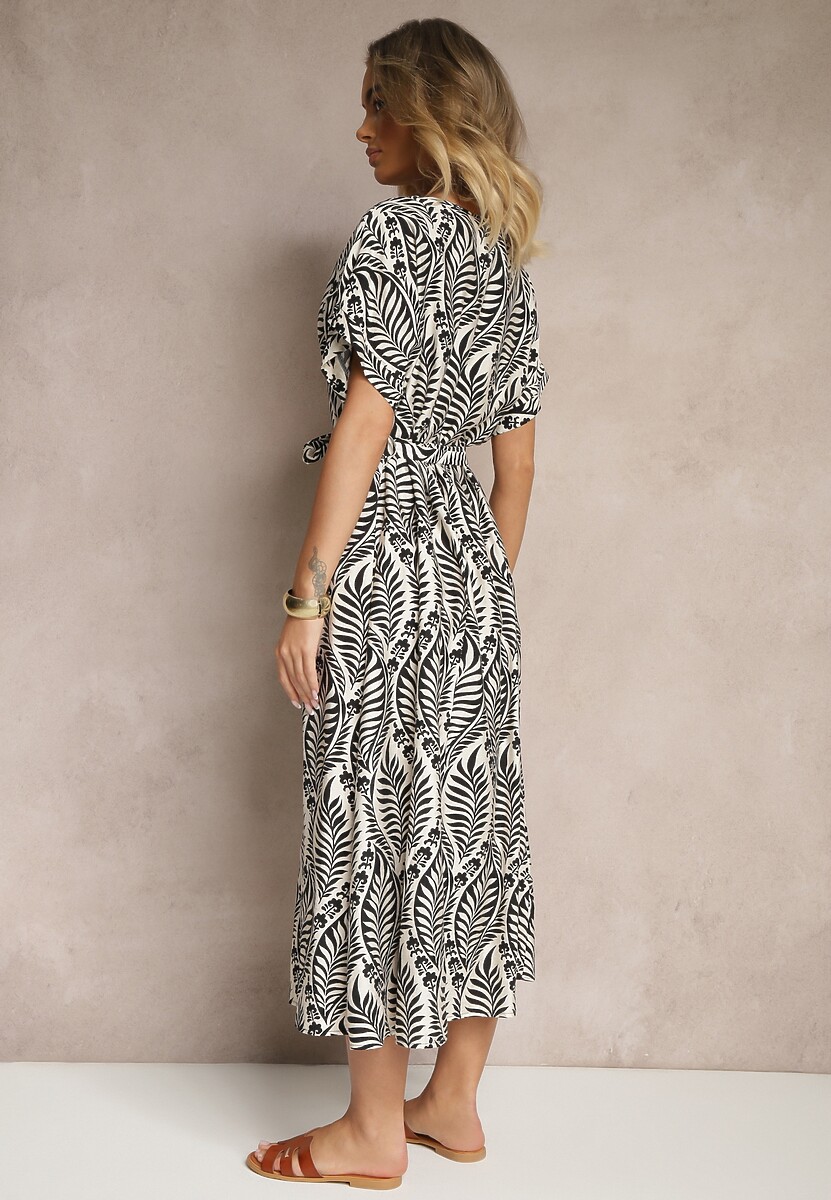 Czarna Sukienka z Wiskozy Ozdobiona Paskiem i Motywem Liści Belozi