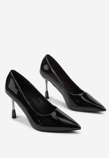 Czarne Szpilki Lakierowane Vices ze Skórzaną Wkładką Ozdobione Cyrkoniami Cindrie