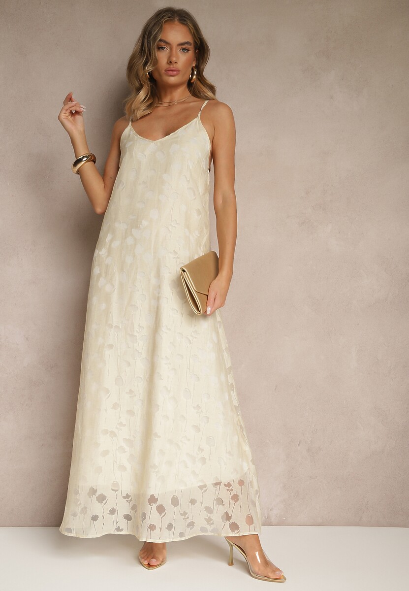 Beżowa Trapezowa Sukienka z Wiskozą na Ramiączkach Silarisse