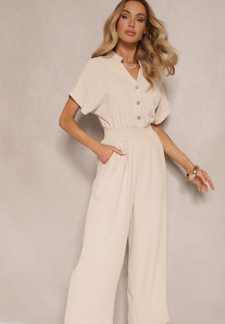 Beżowy Wiskozowy Kombinezon z Dekoltem w Serek Zapinany na Guziki Anisora