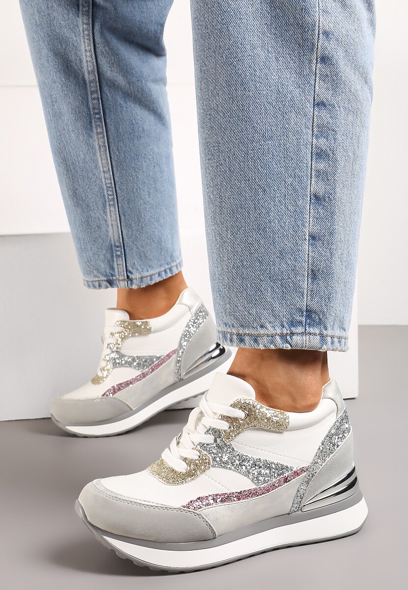 Szaro-Różowe Brokatowe Sneakersy na Ukrytym Koturnie Zophiela