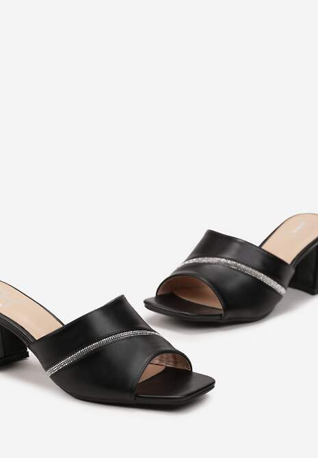 Czarne Klapki na Obcasie z Lamówką z Cyrkonii na Szerokim Pasku Ulmira