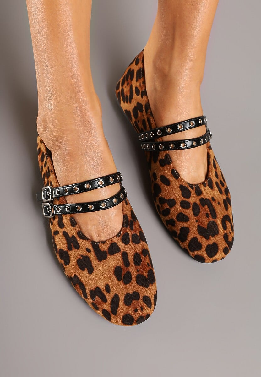 Panterkowe Balerinki z Tweedowym Akcentem i Dwiem Sprzączkami Gavirna