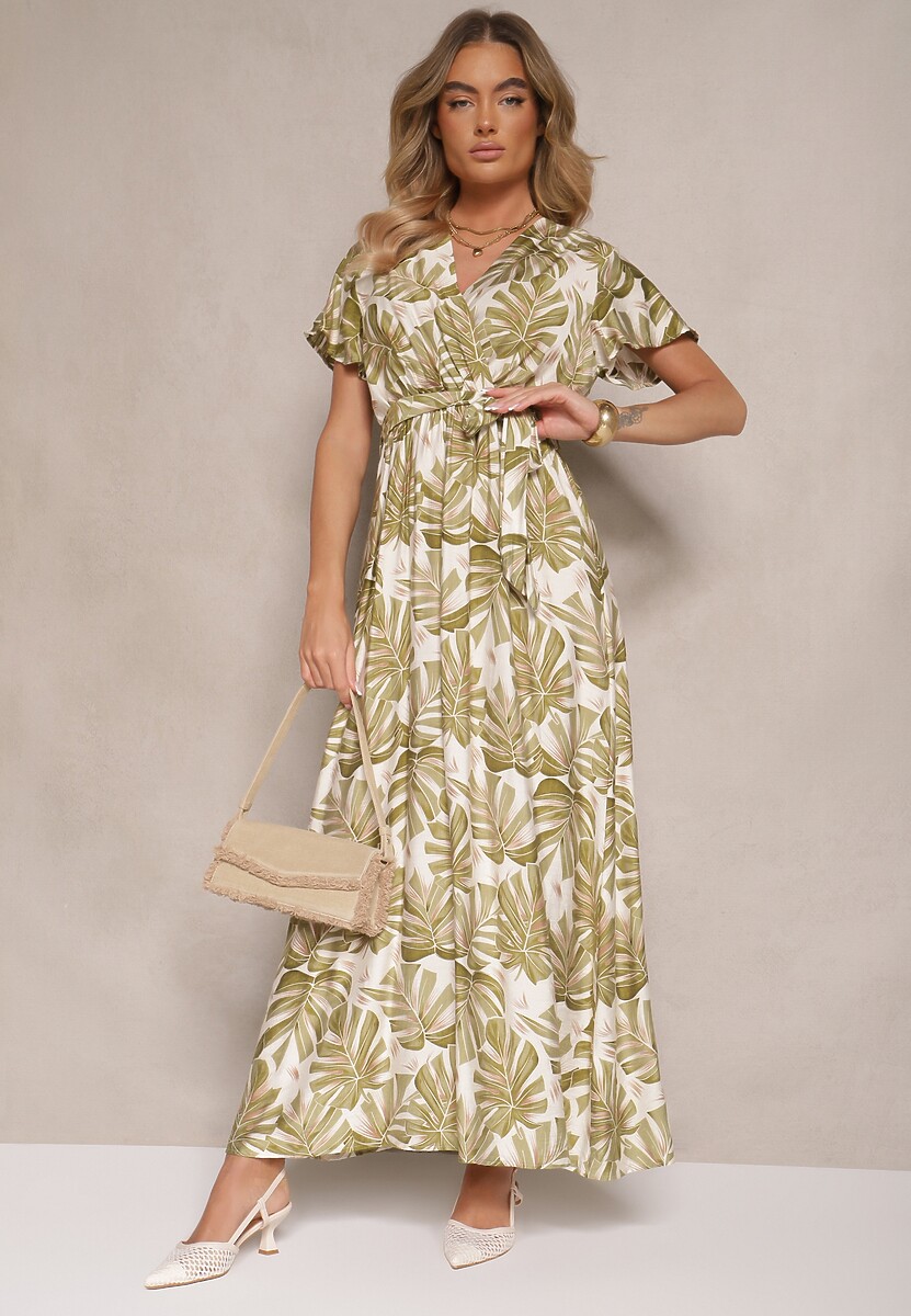 Zielona Sukienka w Listki z Elastyczną Gumką w Talii i Wiązanym Paskiem Jaliren