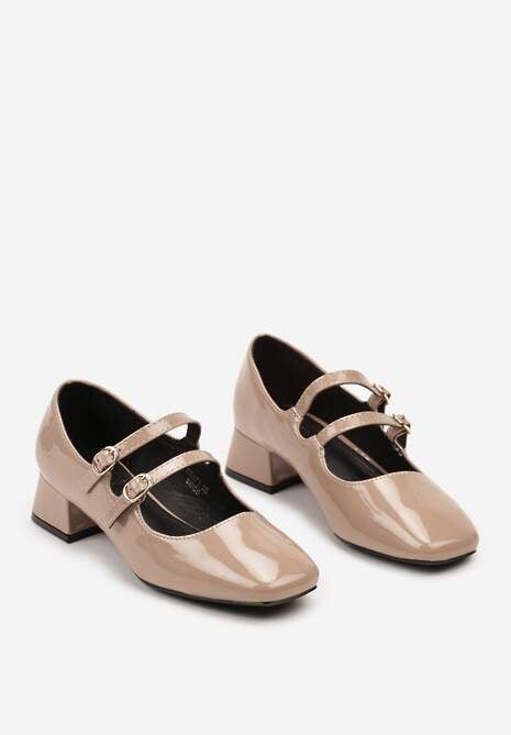 Beżowe Czółenka Lakierowane na Słupku Wykończone Paskami ze Sprzączką Sadrina