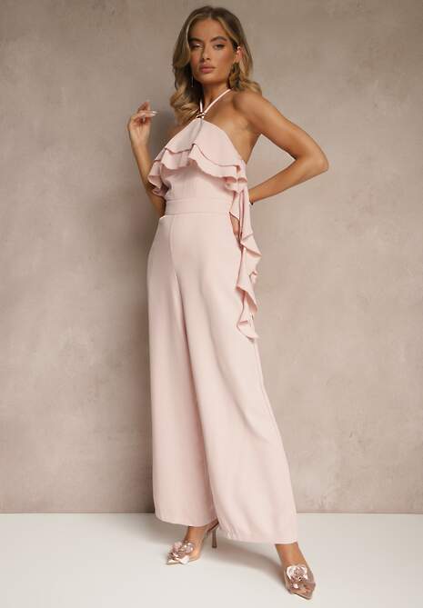 Różowy Asymetryczny Kombinezon Ozdobiony Metaliczną Aplikacją Tilfina