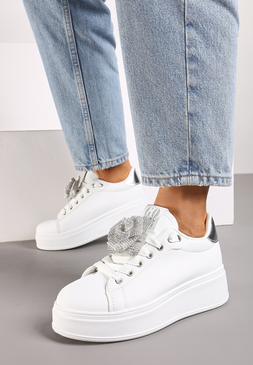 Czarno-Srebrne Sneakersy na Platformie z Aplikacją Kwiatu 3D z Cyrkoniami Navilda