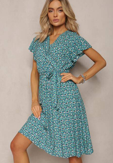 Niebieska Letnia Sukienka Kopertowa Wiązana w Pasie z Wiskozy Meridase