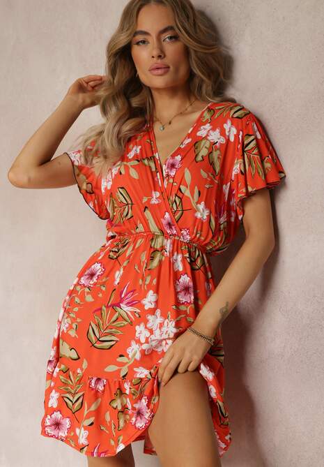 Pomarańczowa Wiskozowa Sukienka Mini z Gumką w Talii i Kopertowym Dekoltem w Kwiaty Eleagnecca