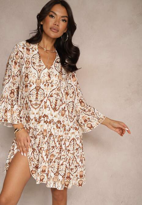 Brązowa Sukienka z Wiskozą o Rozkloszowanym Kroju w Etniczny Print Aledia