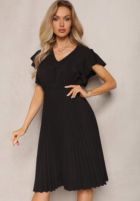 Czarna Rozkloszowana Sukienka Midi z Plisami na Dole Nairata