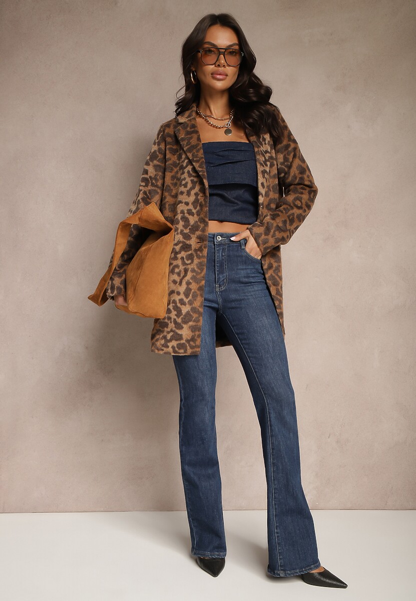 Brązowy Jednorzędowy Płaszcz z Pluszowej Tkaniny w Panterkę Penarria