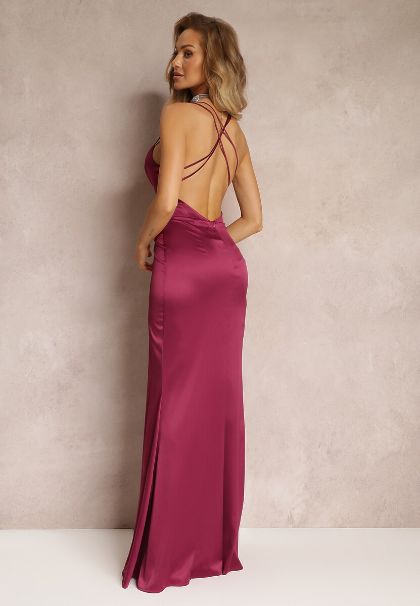 Fioletowa Maxi Sukienka z Satynowego Materiału na Cienkich Ramiączkach Annila