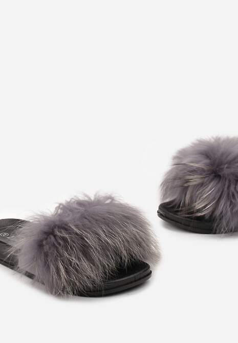 Szare Klapki z Ozdobnym Futerkiem Purunia