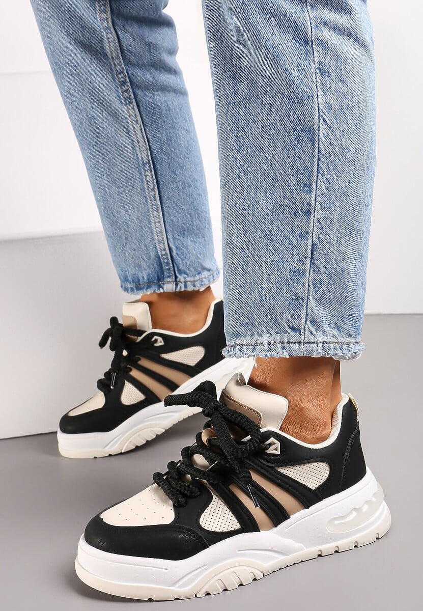 Czarne Sneakersy na Grubej Podeszwie z Brokatem Lenema