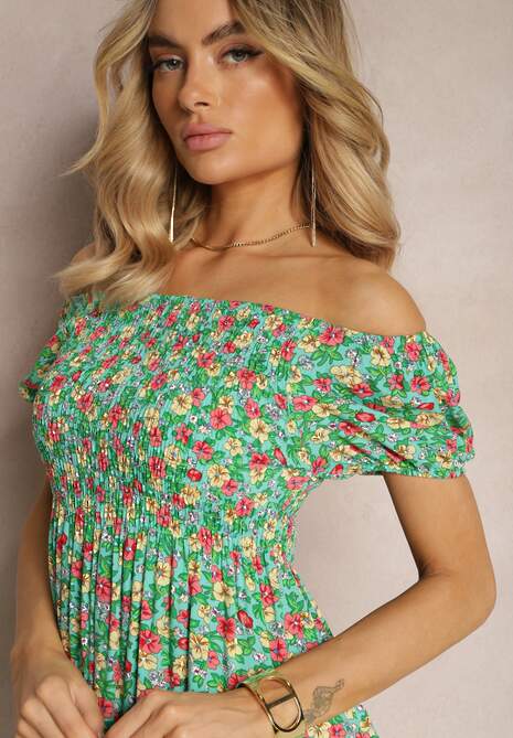 Jasnozielona Wiskozowa Sukienka Hiszpanka w Kwiatowy Wzór Pialara