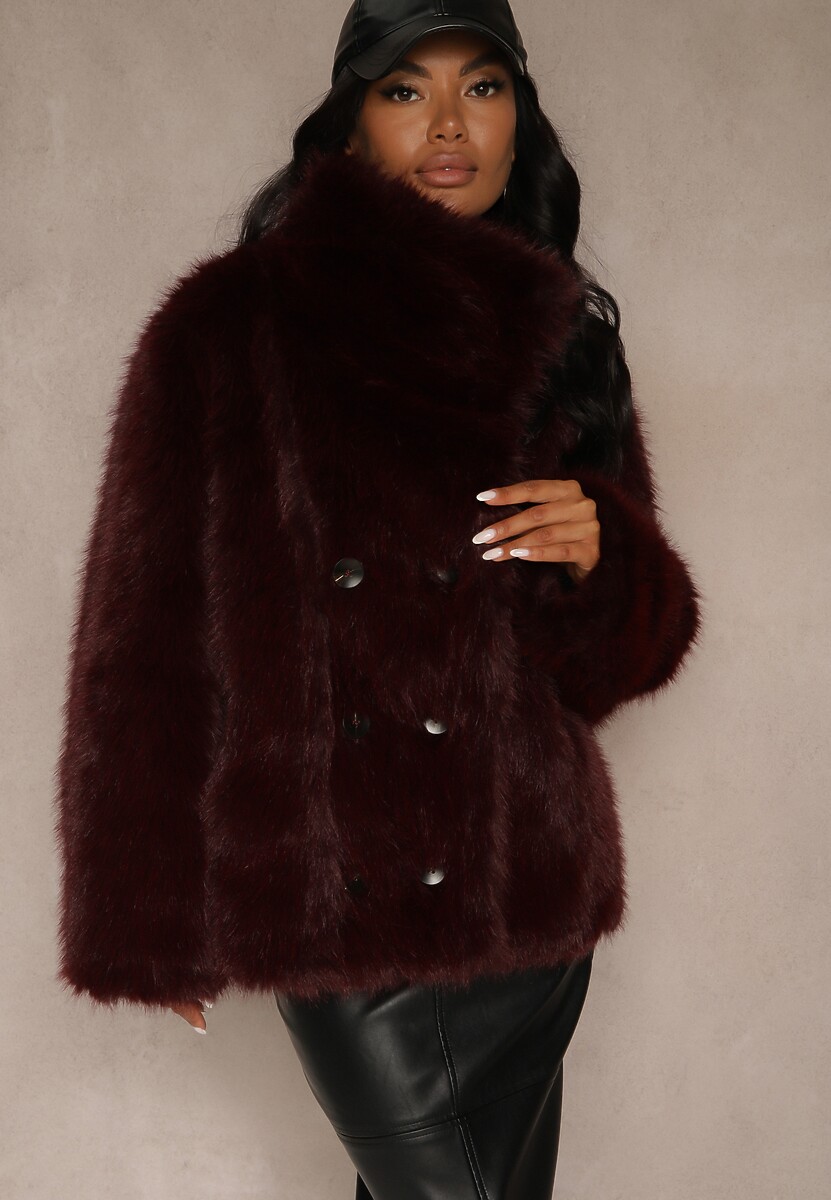 Bordowa Dwustronna Kurtka Biker Ozdobiona Futerkiem Flitta