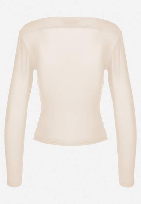 Beżowa Marszczona Bluzka z Siateczki Zdobiona Aplikacją w Kształcie Róży Olirisa