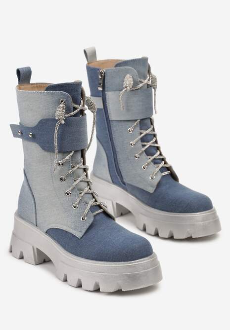 Niebieskie Sznurowane Traperki na Platformie Zdobione Brokatem Opleja