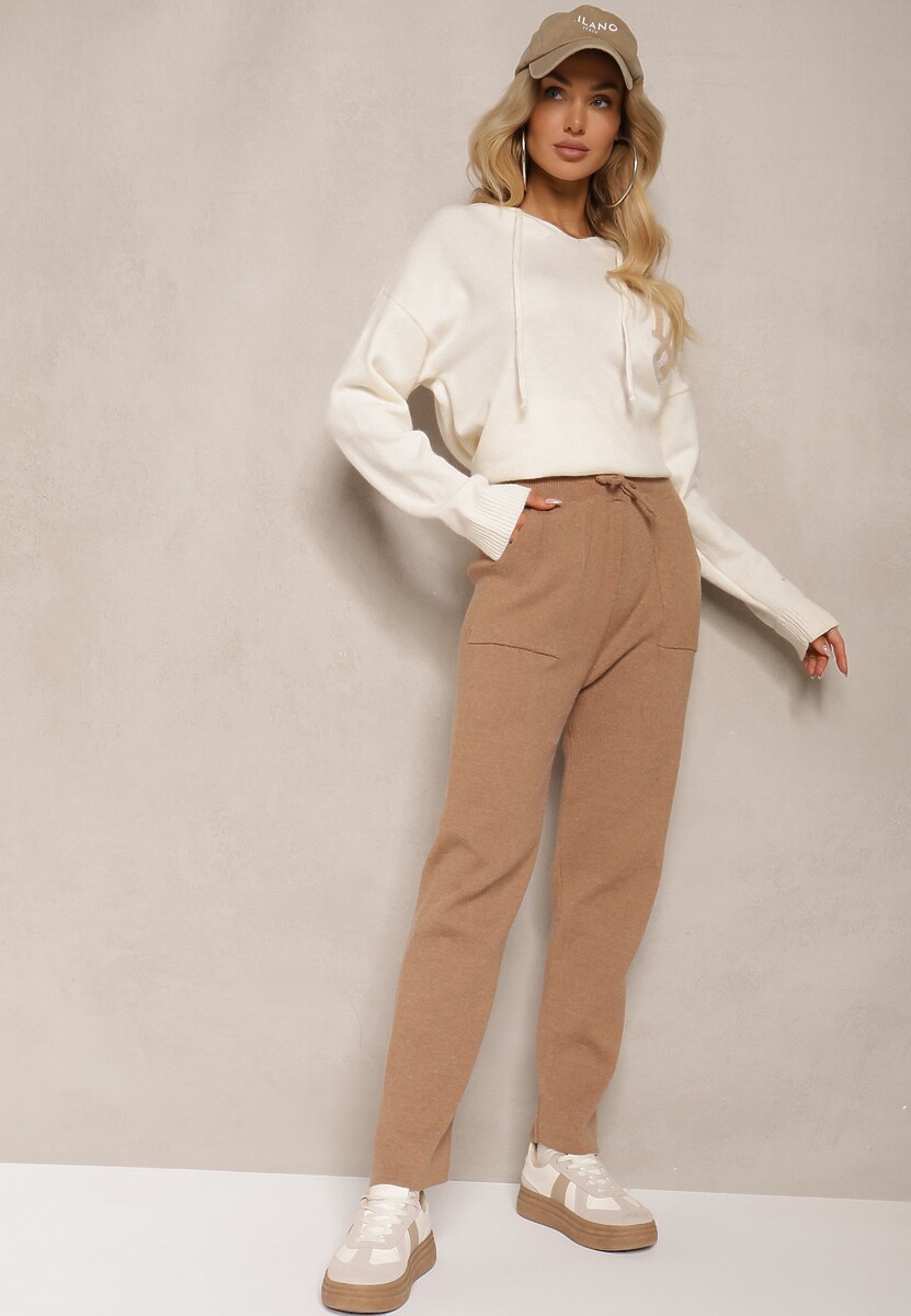 Ciemnobeżowe Spodnie z Bawełną High Waist Ozdobione Sznurkiem Venaline