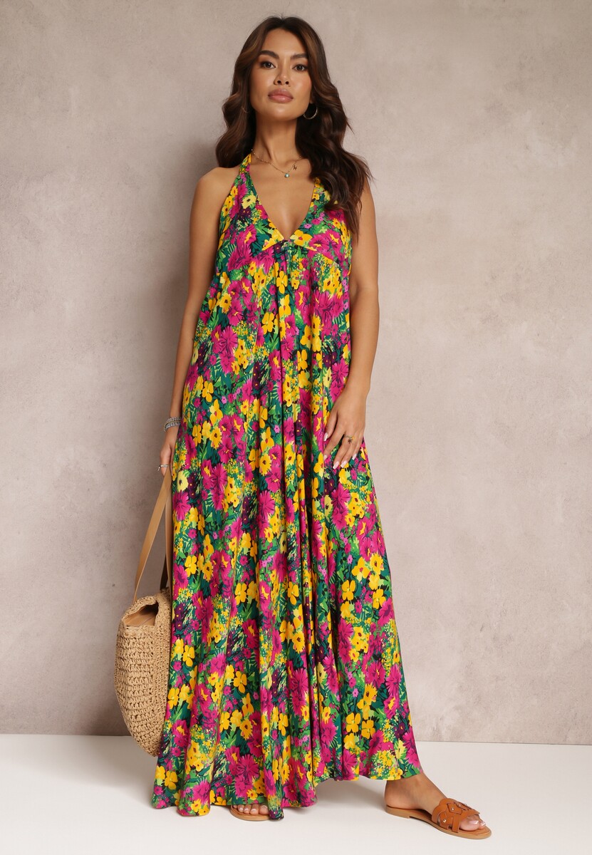 Żółto-Fuksjowa Kwiecista Sukienka Maxi z Wiskozy z Wiązaniem na Szyi i Plecach Lunka