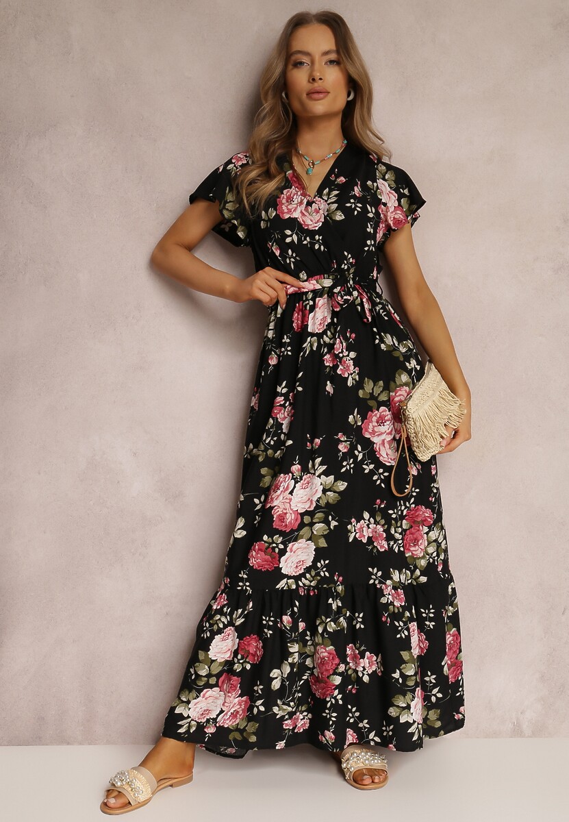 Czarna Sukienka w Kwiaty o Kopertowym Kroju z Wiązanym Paskiem Iphene