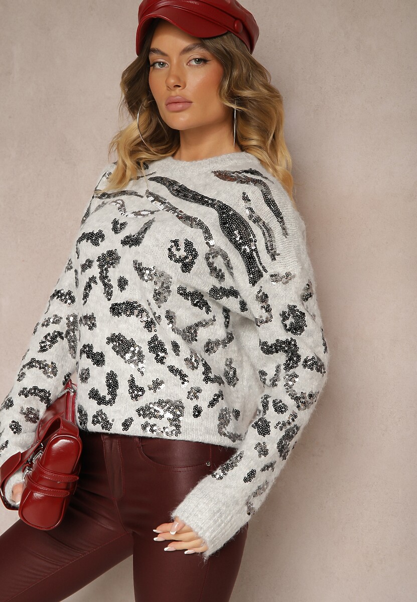 Szary Sweter z Wełną Ozdobiony Cekinowym Wzorem w Panterkę Issanoria