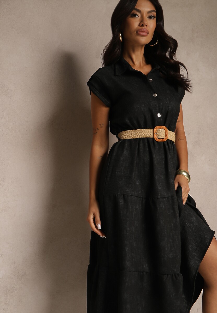 Jasnobeżowa Sukienka z Guzikami i Paskiem z Plecionki Fillona