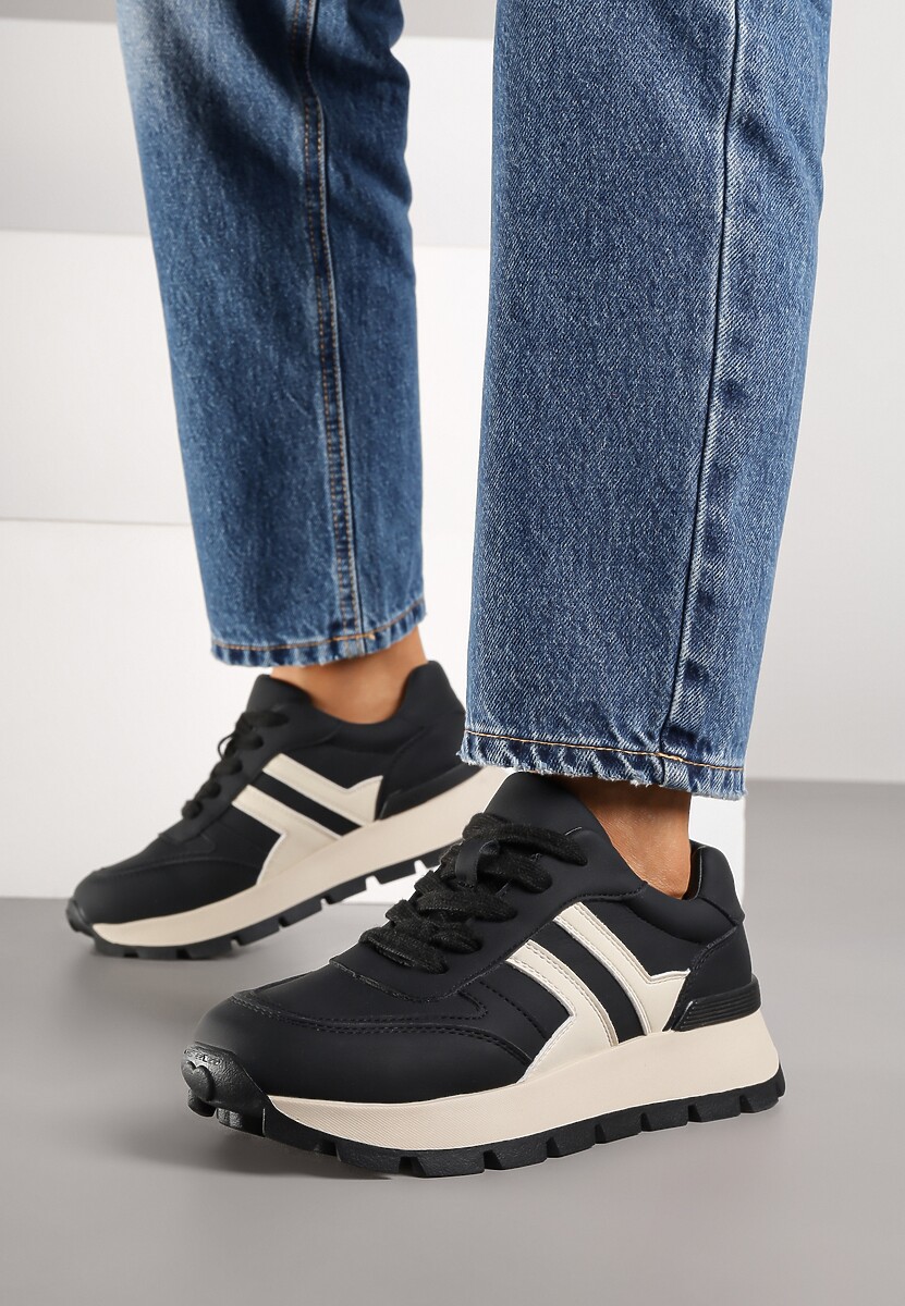 Czarno-Beżowe Sneakersy na Grubej Podeszwie Zdobione Przeszyciami Lulline