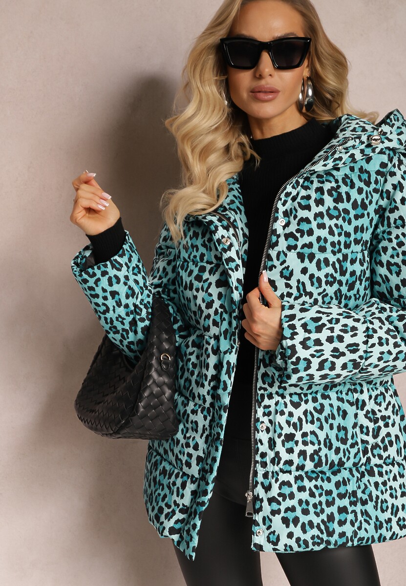 Jasnozielona Kurtka w Panterkę z Pikowaniem i Wiązanym Paskiem Amivea