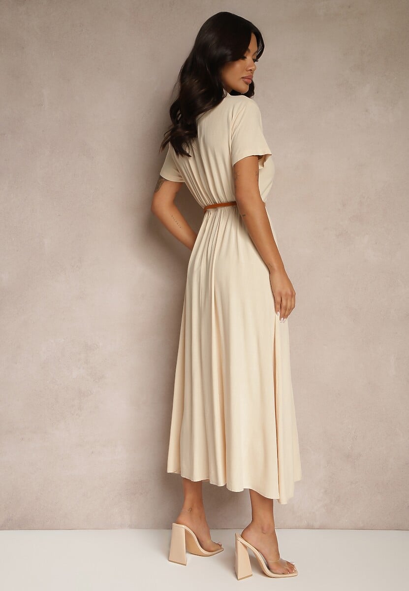 Beżowa Koszulowa Sukienka z Wiskozy z Cienkim Paskiem Filanella