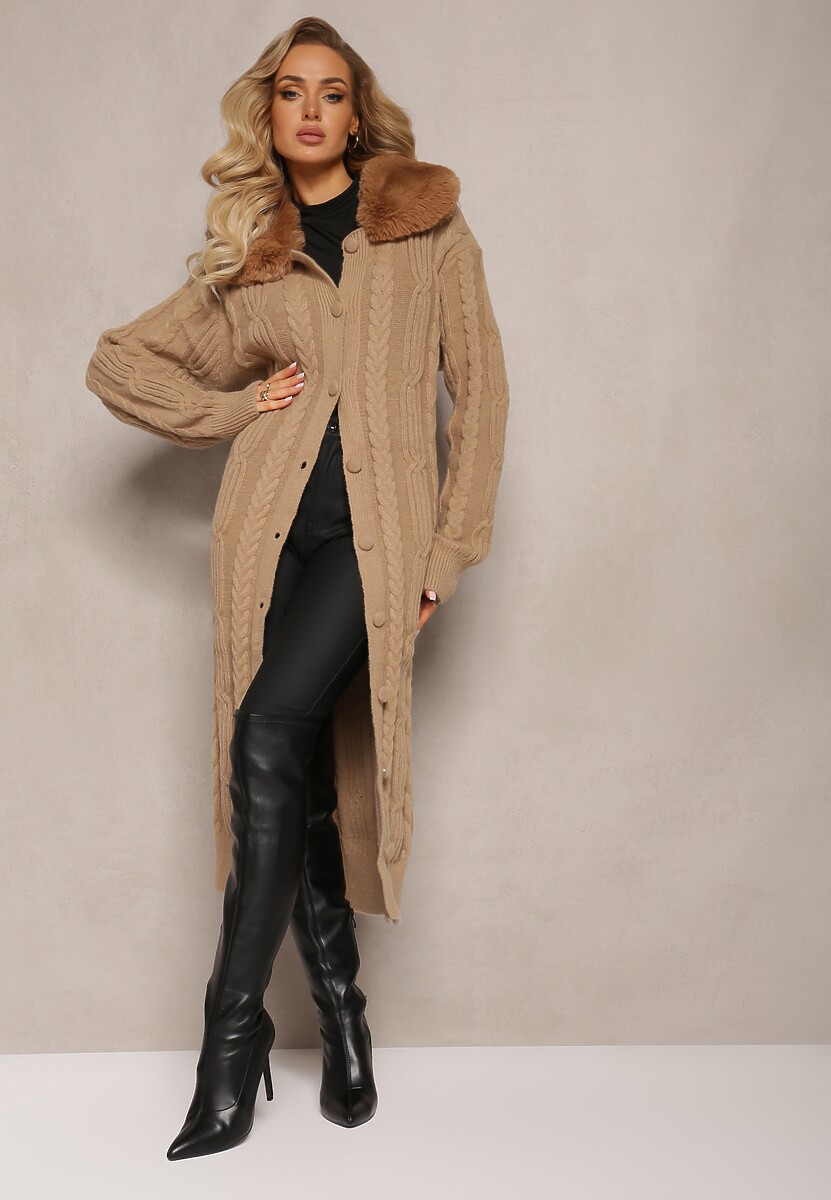 Czarny Wiskozowy Kardigan w Warkoczykowy Splot z Futrzanym Kołnierzem Nirossa