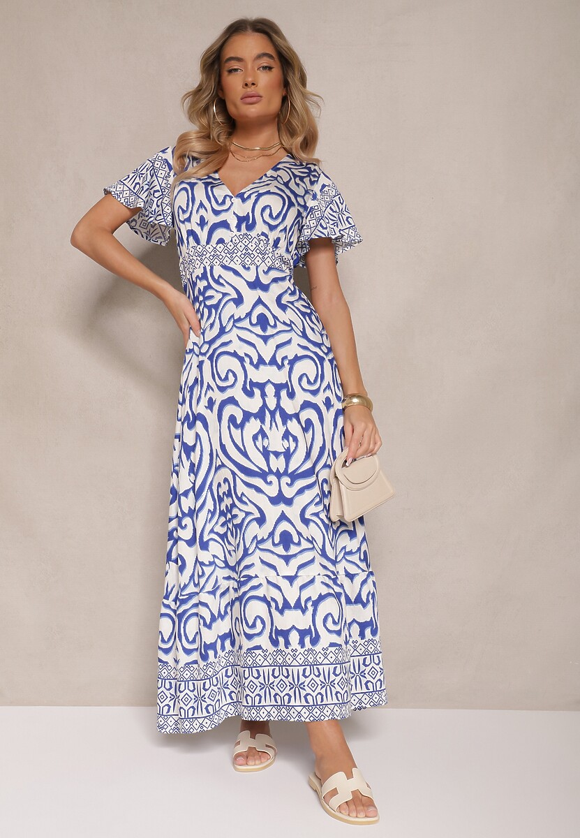 Niebieska Rozkloszowana Sukienka Zdobiona Ornamentalnym Printem Tillinelle