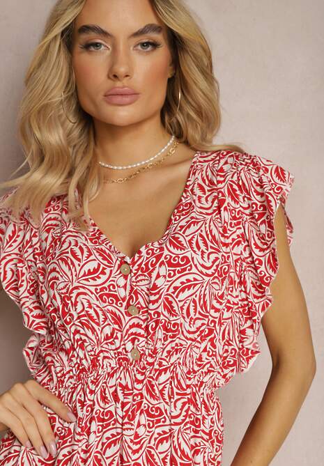 Czerwona Bawełniana Sukienka na Lato z Elastyczną Gumką w Pasie i Falbankami Przy Ramionach Jovenia