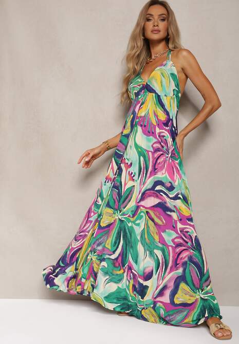 Zielono-Fioletowa Wiskozowa Sukienka Wiązana na Plecach i Szyi z Odcięciem pod Biustem Peridia