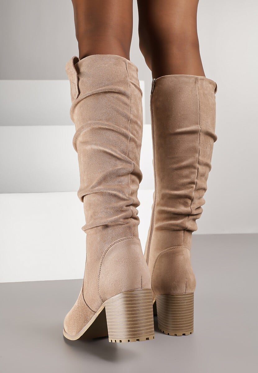 Beżowe Kozaki na Obcasie z Imitacji Zamszu Ozdobione Patkami Tulila