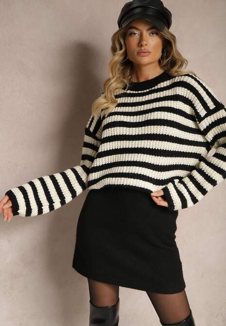 Biało-Czarny Casualowy Sweter z Bawełną Ozdobiony Paskami Zinaja