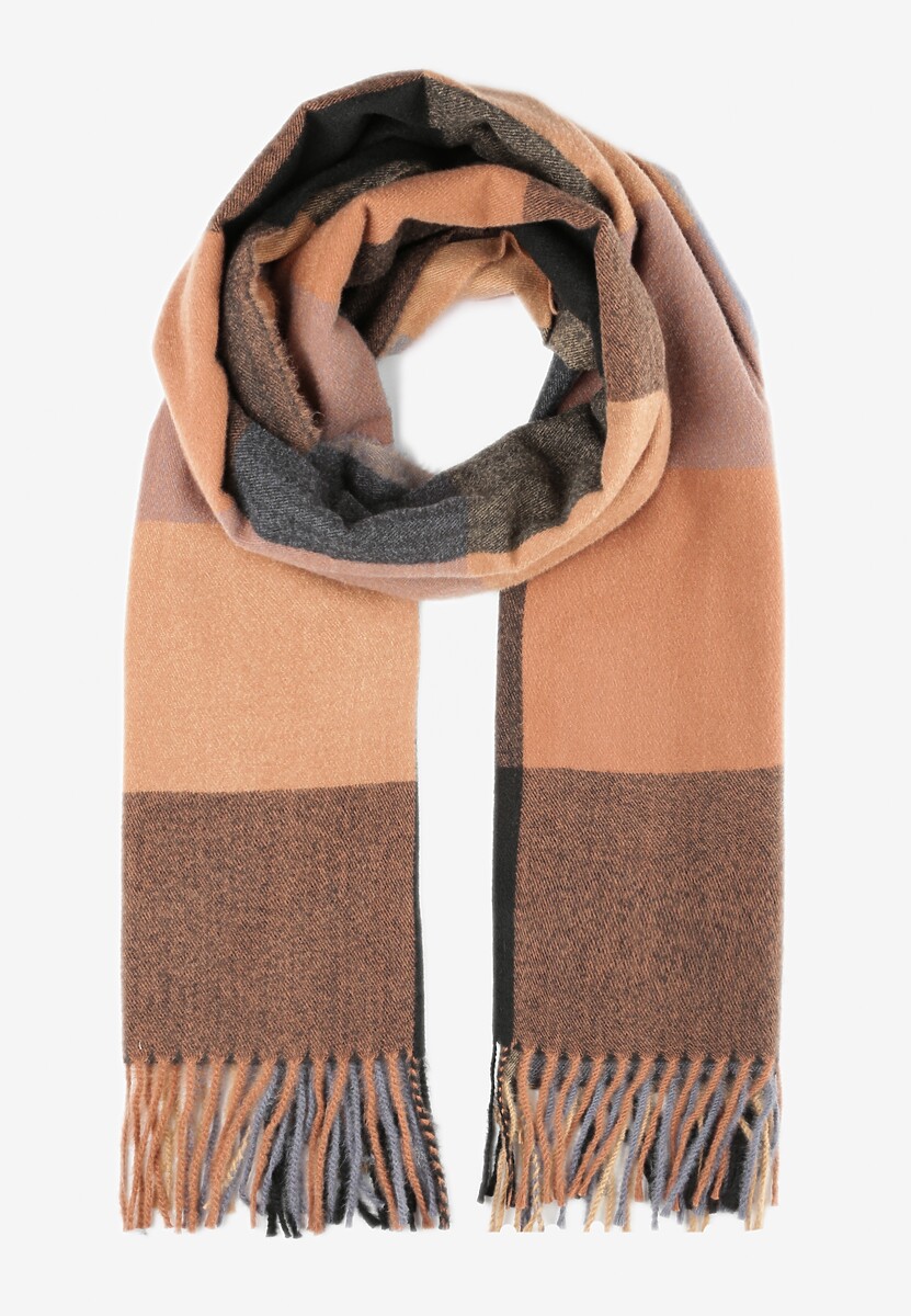 Ciemnobeżowy Szalik w Kratę z Frędzlami Maymunat