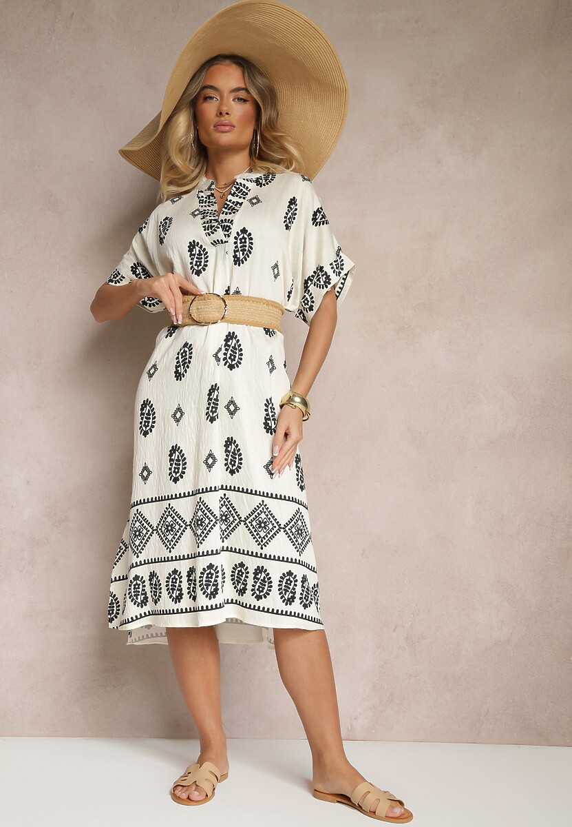 Czarno-Kremowa Sukienka z Wiskozy w Stylu Boho o Pudełkowym Kroju z Rozcięciami Virbia