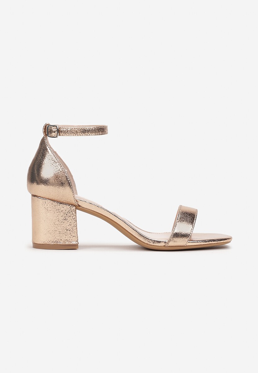 Szampańskie Gładkie Sandały na Słupkowym Obcasie Saia