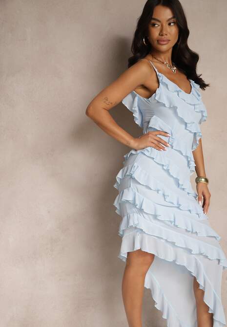 Niebieska Sukienka z Falbankami o Asymetrycznym Kroju Linessiela